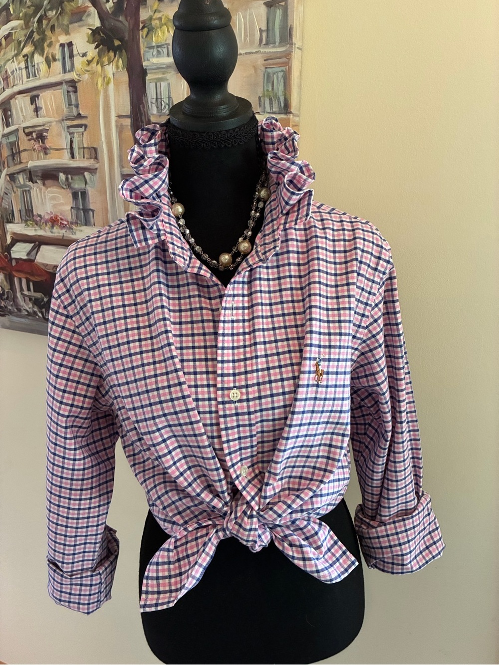 Ralph Lauren Pink & Navy Plaid Ruffle-Collar Button-Down Top